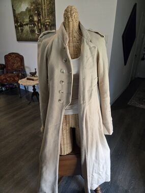 Bebe Long Double-Breasted Military-Style Trench Coat in Beige